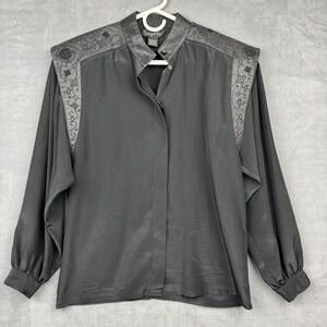 Vintage Suzelle Black Button Up Long Sleeve Blouse Women's 4 Embellished